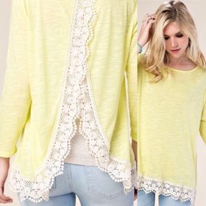Yellow Split Back Top With Ivory Crocheted Trim
